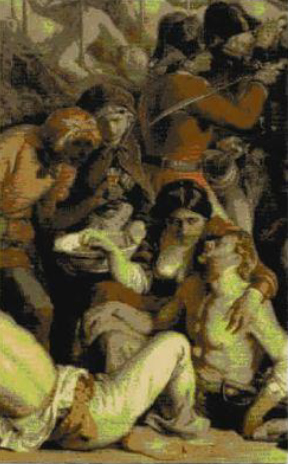 Dans le tableau "The Death of Nelson", on peut distinguer deux femmes venant en aide à un blessé.